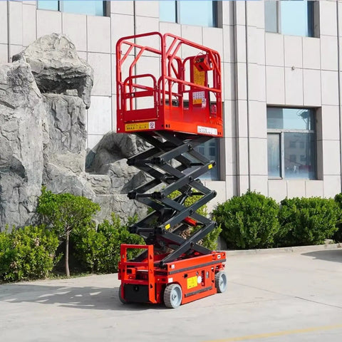 Hard Hat Approved Self Propelled Scissor Lift Platform Featuring Sturdy Hydraulic Engineering Designed For Fast Warehouse Material Handling.