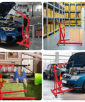 Tough As Nails Folding Hydraulic Engine Hoist 2 Ton 4400 Lbs Shop Crane with six swivel caster wheels lifting engine in garage.