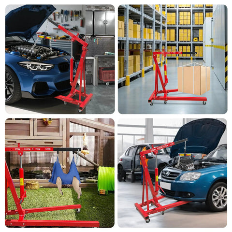 Heavy Duty Folding Hydraulic Engine Hoist With 4400 Lbs Capacity Cherry Picker Crane in a garage lifting an engine block.