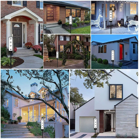 Collage of homes with Dual Sided Solar Address Plaque With LED Lights, Outdoor Weatherproof Address Sign On Stakes For Home