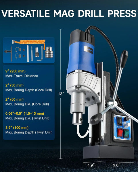 Beast 1550W Portable Magnetic Drill Press with components and specifications for metalworking projects