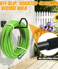 Badass Heavy Duty Garage Storage Hooks, Rock Solid Wall Mount Tool Organizer Rack With Dual Arm Design And Non Slip Rubber Sleeves For All Shop Gear And Power Tools holding green garden hose.