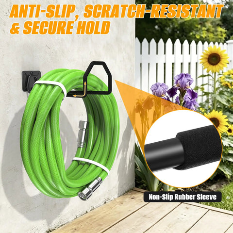Badass Heavy Duty Garage Storage Hooks, Rock Solid Wall Mount Tool Organizer Rack With Dual Arm Design And Non Slip Rubber Sleeves For All Shop Gear And Power Tools holding green garden hose.