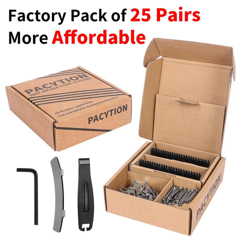 Value Pack 25 Pairs Bike Disc Brake Pads Set For MTB And E Bike Fits Shimano Tektro TRP MT200 MT500 M355 M446 M447 M315 M365 Low Noise Durable Semi Metallic Pads With Installation Tools showing open box with pads and tools.