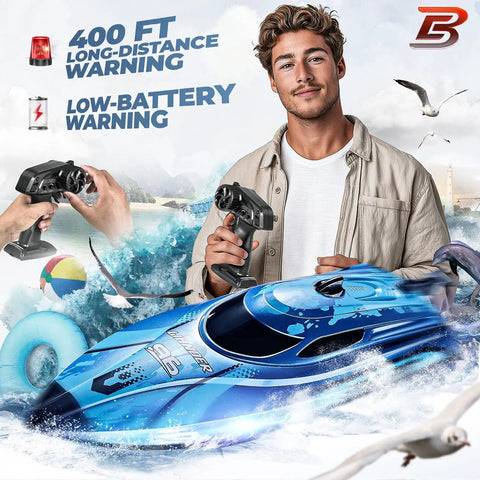 Man holding controller with 12 Inch Remote Control Boat For Lakes And Pools, Fast 25 KPH RC Speed Boat, Durable TX126 Blue in water.
