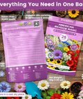 American Meadow Magic Wildflower Seed Mix Bulk Pack 25 Varieties Non GMO Perennial and Annual Native Seeds package and flowers