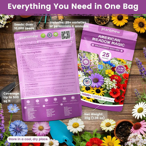 American Meadow Magic Wildflower Seed Mix Bulk Pack 25 Varieties Non GMO Perennial and Annual Native Seeds package and flowers