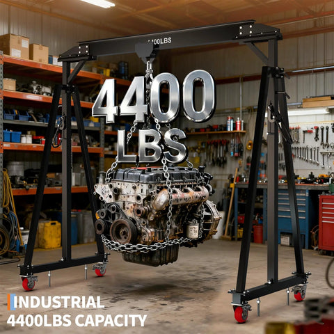 Heavy Duty Workhorse Gantry Crane 4400 Lbs Portable Garage Hoist with engine hanging in garage setting.