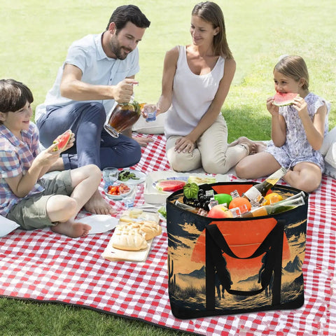 Family picnic with Western Desert Cowboy Insulated Cooler Bag Reusable Thermal Tote, keeping food cold or hot all day.