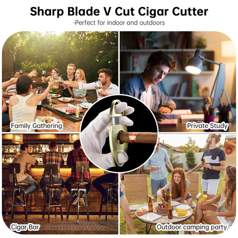 V Cut Cigar Cutter with Zinc Alloy Blade used in diverse settings including family gatherings, private study, cigar bar, camping.