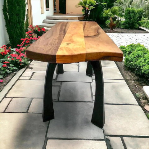 Industrial Metal Bench Legs 16 Inch Height Set Of 2 supporting a wooden table outdoors