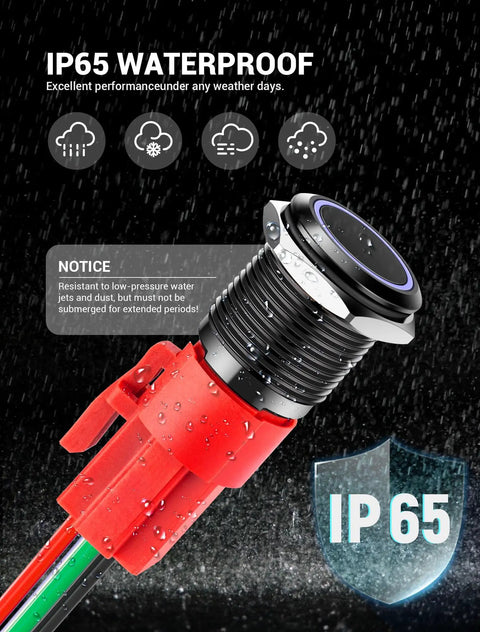 Two Pack 16mm Latching Push Button Switch 12V DC On Off Self Locking With Wire Socket Plug waterproof LED