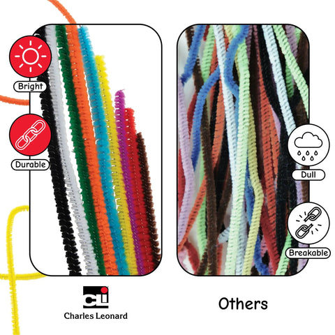 Comparison of bright durable pipe cleaners by Charles Leonard with bulk pipe cleaners 1000 count for crafts and classroom projects.