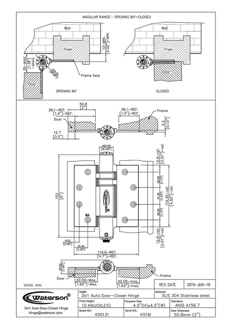 Technical drawing of 3 Pack 4.5 Inch Heavy Duty Adjustable Self Closing Door Hinges Black Fire Rated Full Mortise Two In One Hinges And Door Closer