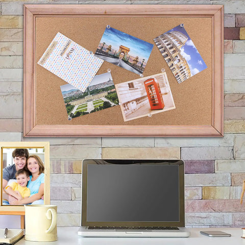 Heavy Duty Gold Push Pins With Crisp Clear Round Heads Top Shelf Office Gear For Maps Bulletin Boards And Cork Walls 100 Count holding photos on cork board.