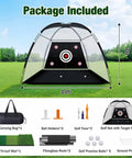 All In One Golf Practice Net With Target Mat for indoor outdoor use, includes 10x7 ft net, tri-turf mat, and accessories.