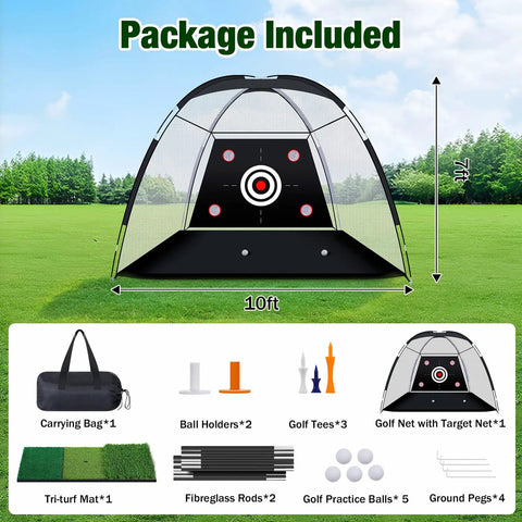All In One Golf Practice Net With Target Mat for indoor outdoor use, includes 10x7 ft net, tri-turf mat, and accessories.