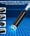 Dead Simple Cordless Submersible Water Pump For DeWalt 20V And 60V Battery in water with various battery models.