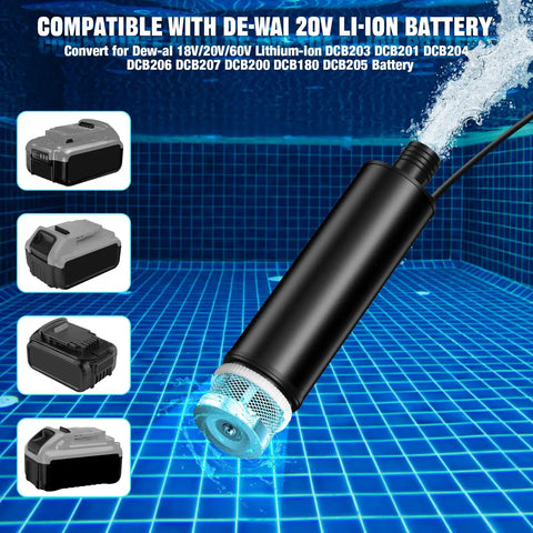 Dead Simple Cordless Submersible Water Pump For DeWalt 20V And 60V Battery in water with various battery models.