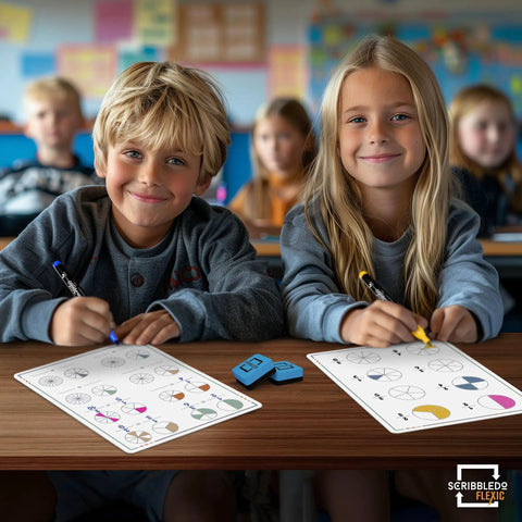 Children using Flexible Dry Erase Fraction Sheets 9 by 12 Inch Small Whiteboards Pack for Classroom Math Fractions Teaching