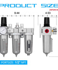Heavy Duty Industrial Grade Three Stage Air Drying System One Half Inch NPT With Particulate Filter Coalescing Filter Desiccant Dryer And Air Regulator Metal Bowl Manual Drain Built To Last For Paint Spray And Plasma Cutter with dimensions shown.