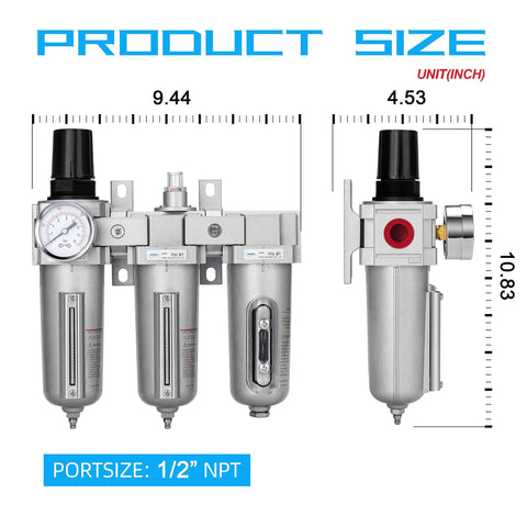 Heavy Duty Industrial Grade Three Stage Air Drying System One Half Inch NPT With Particulate Filter Coalescing Filter Desiccant Dryer And Air Regulator Metal Bowl Manual Drain Built To Last For Paint Spray And Plasma Cutter with dimensions shown.