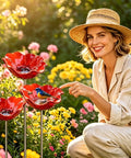 Person pointing at Metal Flower Garden Stake With Bird Bath Bowl for Outdoor Pollinator Watering Station in garden.