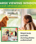 Girl and cat watching birds on Clear Window Bird Feeder With Suction Cup Hanger, Three Section Tray And Roof Cover, Weatherproof Acrylic Plastic Bird Feeder For No-Fuss Backyard Bird Watching From Inside The House