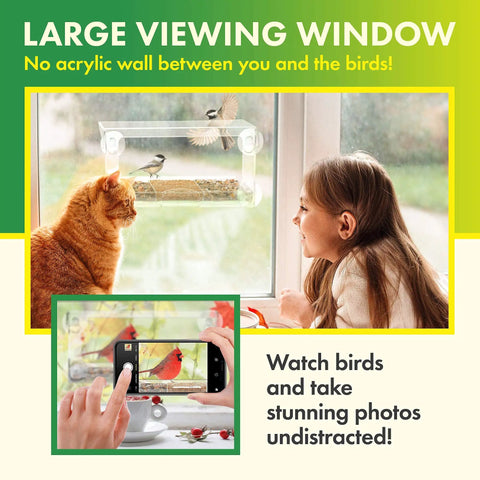 Girl and cat watching birds on Clear Window Bird Feeder With Suction Cup Hanger, Three Section Tray And Roof Cover, Weatherproof Acrylic Plastic Bird Feeder For No-Fuss Backyard Bird Watching From Inside The House
