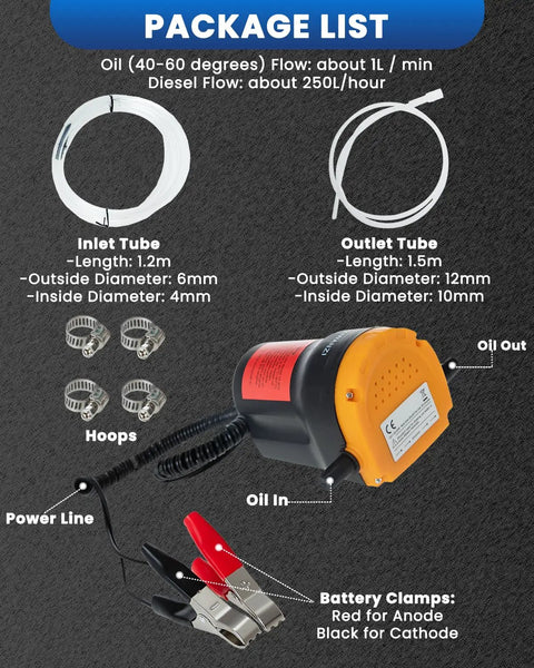 Package list of 12V 60W oil extractor pump for cars motorcycles boats and lawn equipment fast portable oil change tool showing components
