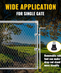 Illustration of Heavy Duty Gate Drop Rod One And Three Eighths Inch By Thirty Two Inch Cane Bolt for Chain Link Fence with emphasis on single gate application and rubber foot stabilizer.
