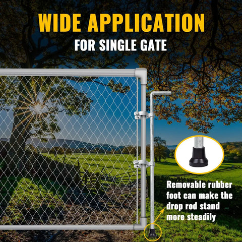 Illustration of Heavy Duty Gate Drop Rod One And Three Eighths Inch By Thirty Two Inch Cane Bolt for Chain Link Fence with emphasis on single gate application and rubber foot stabilizer.
