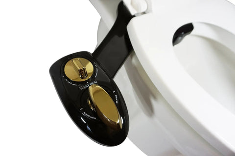 Black Gold Non Electric Toilet Bidet Attachment With Water Sprayer, Front And Rear Cleaning Modes, installed on toilet seat