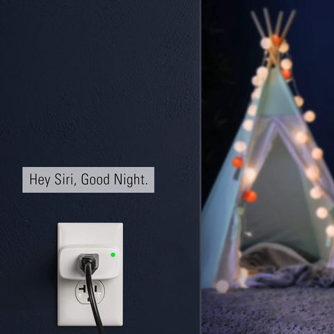 Apple HomeKit Smart Plug controlling lights in a cozy tent, featuring built-in schedules and Siri voice control for automation.
