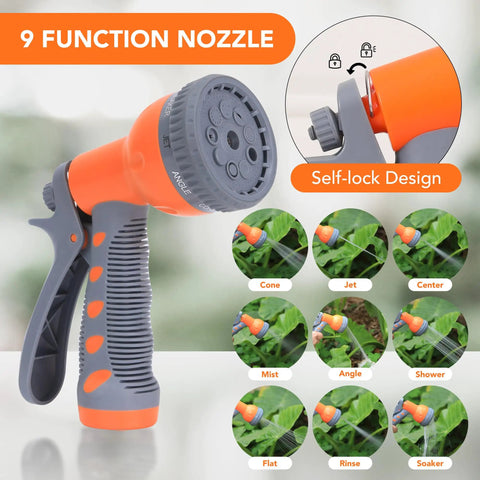 9-function nozzle of Retractable Garden Hose Reel 1/2 Inch By 72 Feet Wall Mounted with self-lock design and spray patterns.