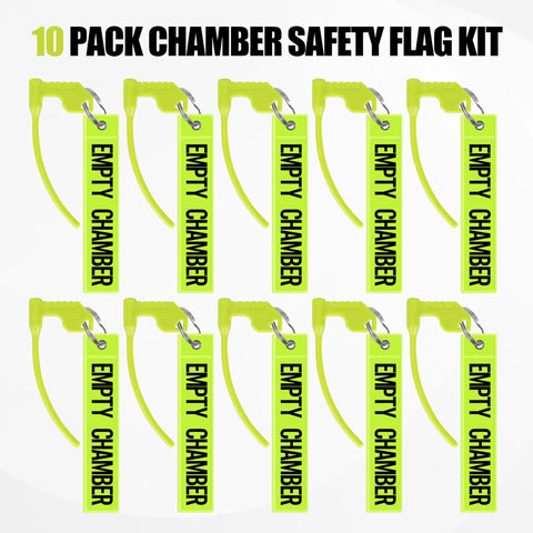 Chamber Safety Flags 10 Pack Set, Bright Green Reflective Flags For Rifle Handgun Shotgun, shown with 'Empty Chamber' text.