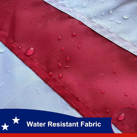 Close-up of Rugged 3x5 Outdoor American Flags For 250th Anniversary Betsy Ross Style showing water resistance on red stripe.