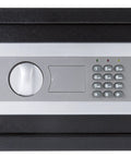 Close-up of the digital safe with LED keypad and two manual override keys keeps your cash jewelry and passports locked down.