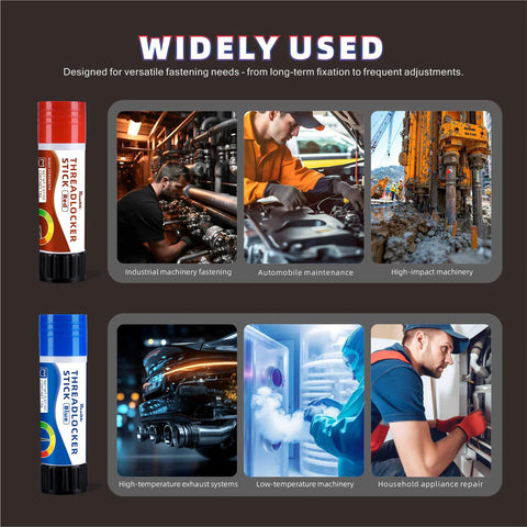 red high strength threadlocker stick widely used in machinery and automotive repairs, featuring industrial applications and secure bonding