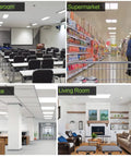 Collage showing Two Pack 1x2 Ft LED Flat Panel Light With 3CCT Selectable 3000K 4000K 5000K in various room settings