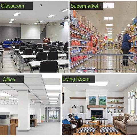 Collage showing Two Pack 1x2 Ft LED Flat Panel Light With 3CCT Selectable 3000K 4000K 5000K in various room settings