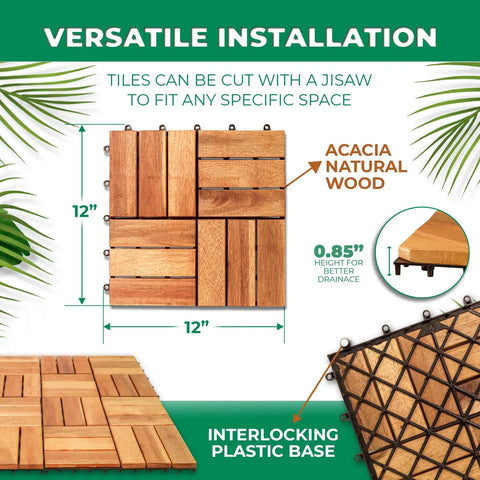Interlocking Teak Deck Tiles Pack Of Nine For Indoor Outdoor Patio Flooring Natural Teak Wood 12 Slats Waterproof