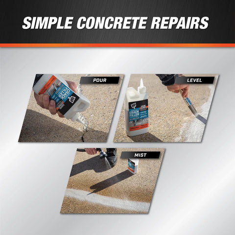 Steps showing Concrete Crack Filler Gray 1.62 Lb Water Activated Dry Powder for quick fixes of horizontal concrete cracks