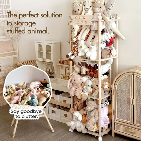 Vertical Plush Toy Organizer From Solid Pine Wood Space Saving Stuffed Animal Storage With Extra Large Capacity shown in room