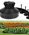 3 Inch Garden Edging Border Kit With 50 Feet Of Plastic Edging And 75 Spikes For Easy Landscape Trimming shown with flowers