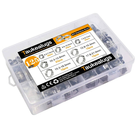 125 Piece 7 To 21mm Single Ear Hose Clamps Kit In 304 Stainless Steel With Ear Clamp Pincer, transparent case with clamps