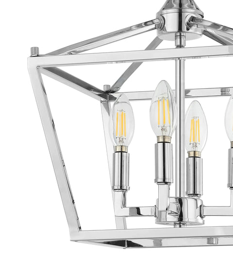 Close-up of a 12 Inch Chrome Modern Farmhouse Pagoda LED Lantern Semi Flush Mount Ceiling Light For Kitchen Hallway Entryway And Bedroom.