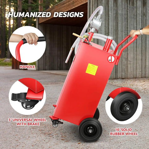 Big 35 Gallon Gas Caddy With Wheels, Heavy Duty Fuel Tank for Cars, Lawn Mowers, ATVs and Boats, Two Way Rotary Hand Pump