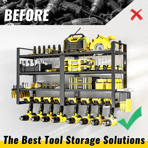 Power Tool Organizer Wall Mount Four Layer Heavy Duty Metal Storage Rack With Eight Drill Holders Cordless Tool Storage