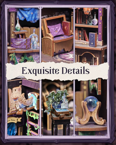 Collage of intricate details in DIY Miniature Book Nook Kit With LED Light 3D Wooden Puzzle Bookshelf Insert Decor Astrology Themed Bookshop Craft